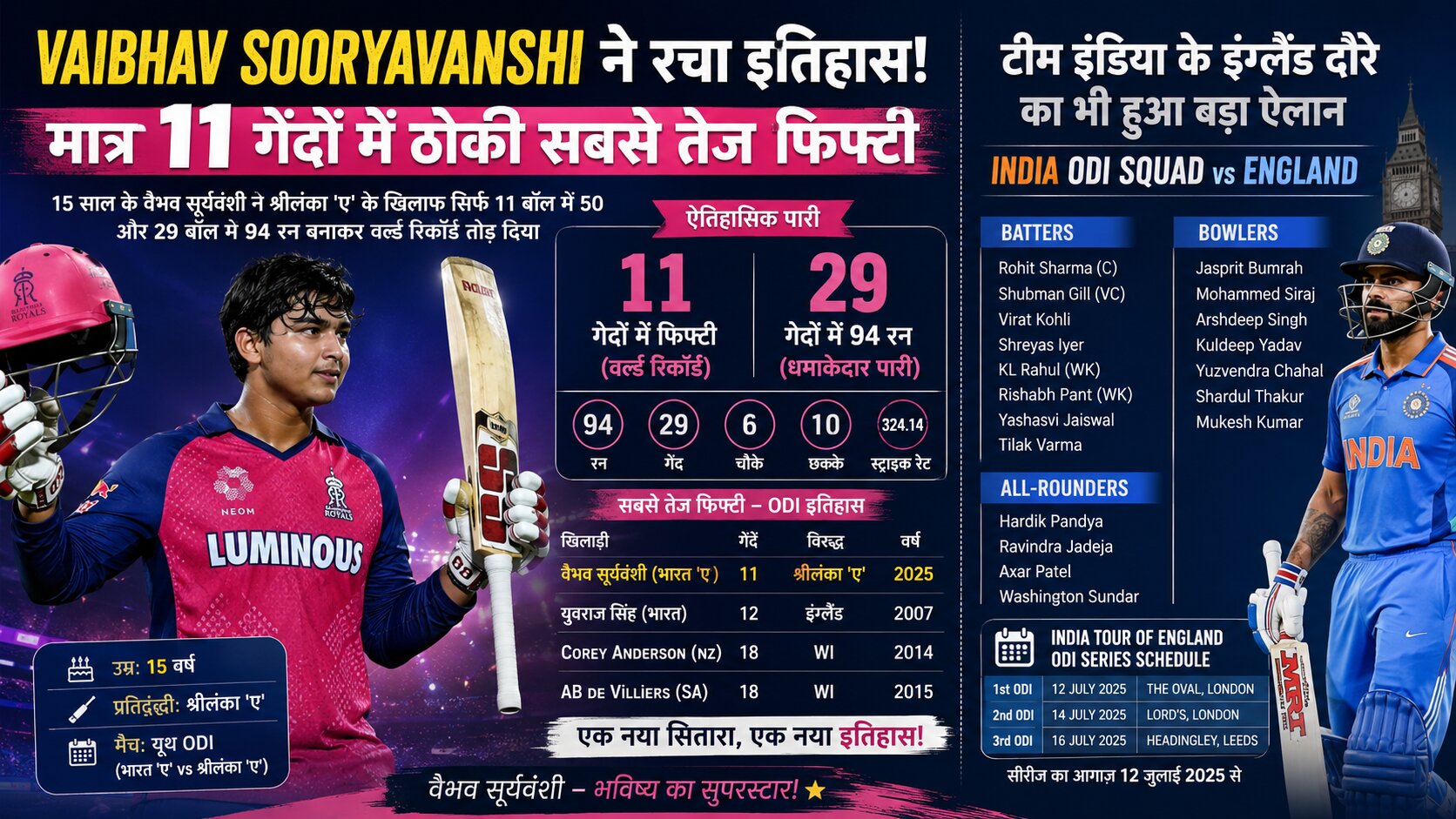 Vaibhav Sooryavanshi ने रचा इतिहास! मात्र 11 गेंदों में ठोकी सबसे तेज फिफ्टी