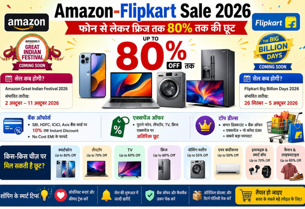 Amazon-Flipkart Sale 2026: फोन से लेकर फ्रिज तक 80% तक की छूट, जानें पूरी डिटेल