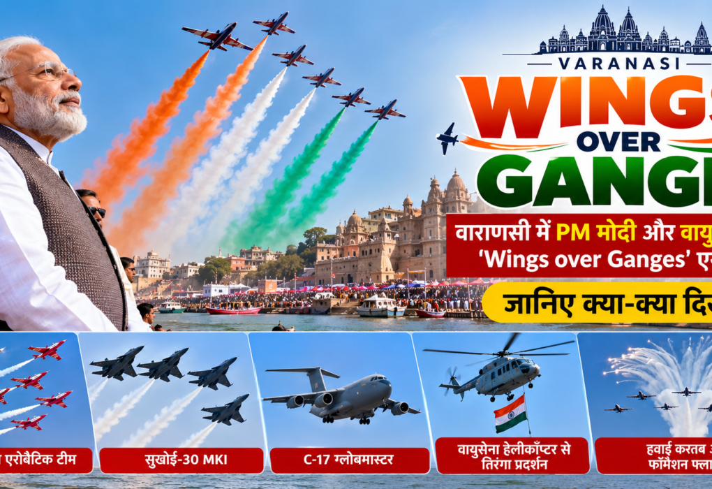 नमो घाट वाराणसी में Wings over Ganges एयर शो के दौरान उड़ता IAF विमान