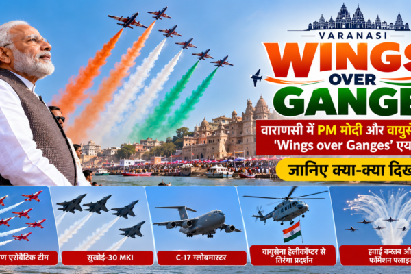 नमो घाट वाराणसी में Wings over Ganges एयर शो के दौरान उड़ता IAF विमान